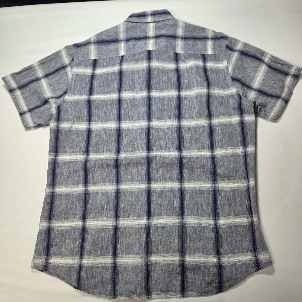 Bugatchi Mens Large Blue White Plaid Linen Blend Short Sleeve Shaped Fit Shirt